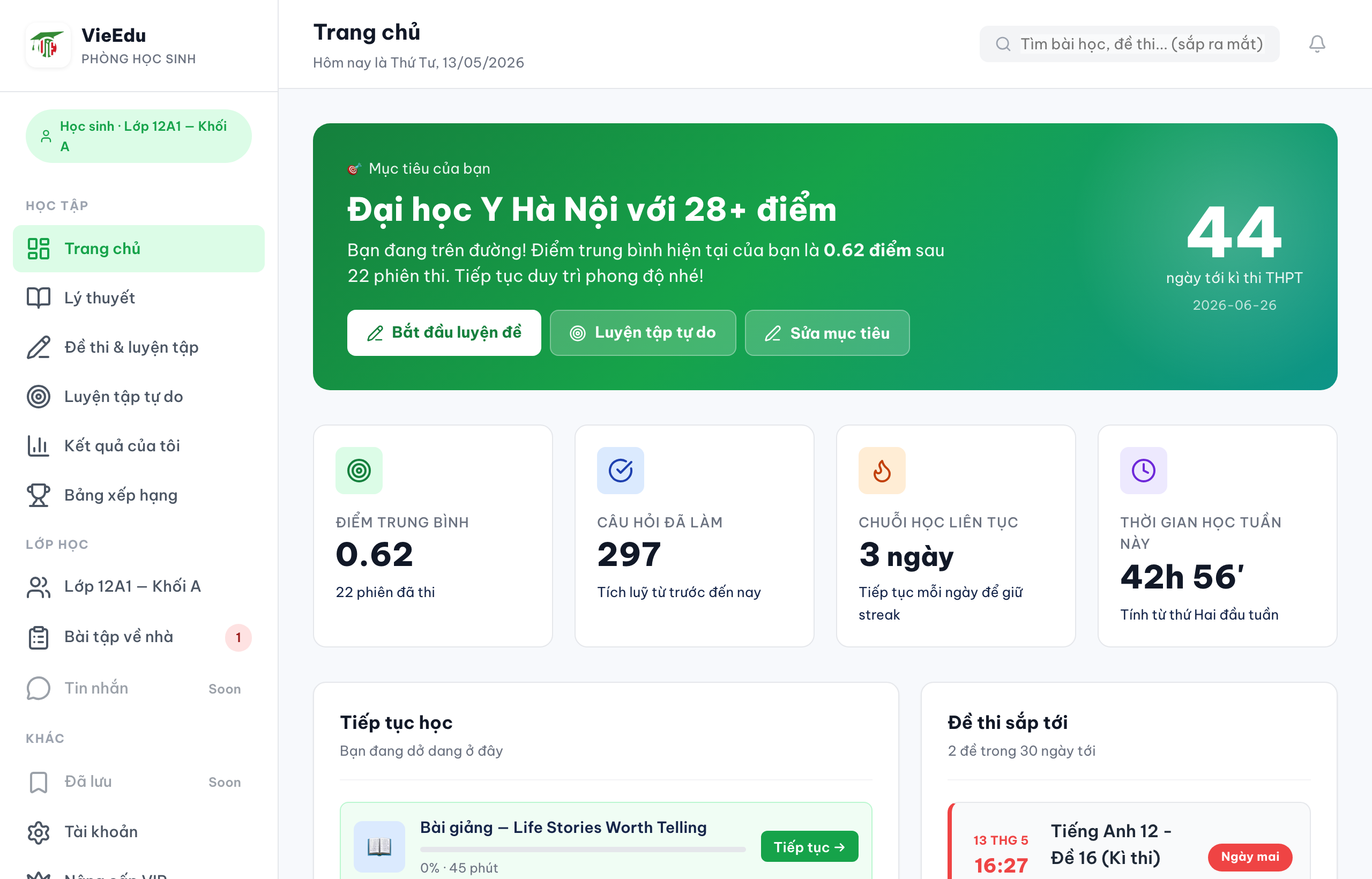 Trang chủ HS — mục tiêu + thống kê + đề sắp thi